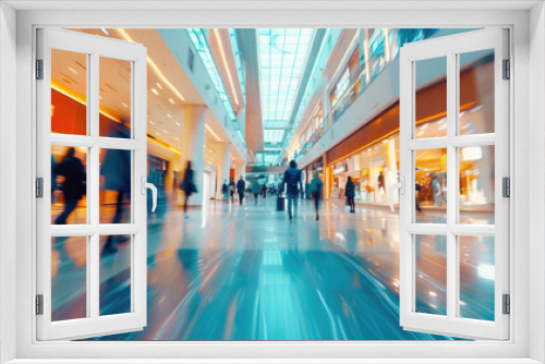 Motion Blur of Shoppers Walking in a Modern Shopping Mall