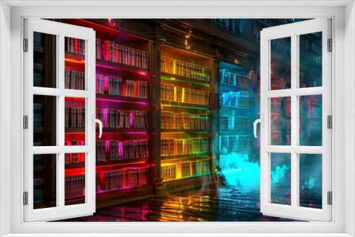 A magical library with books that emit a soft, colorful glow