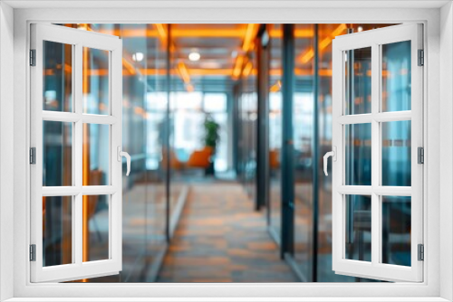 Beautiful blurred background of a modern office interior in gray tones with panoramic windows glass partitions and orange color accents