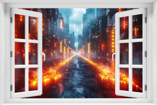 Arrows moving dynamically across the screen in a flow of traffic-like motion on a cityscape background. The arrows are vibrant and dynamic, set against a bustling cityscape with tall buildings