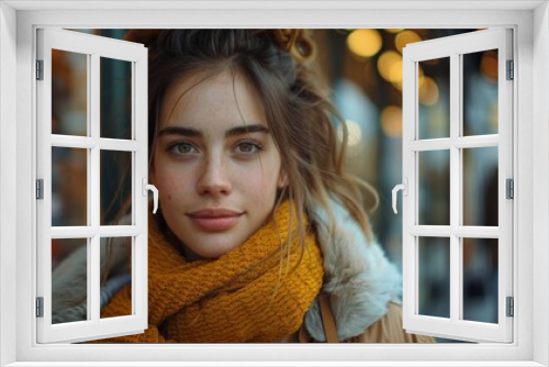 Close-up of an attractive young woman with natural freckles and a yellow scarf, soft focus background