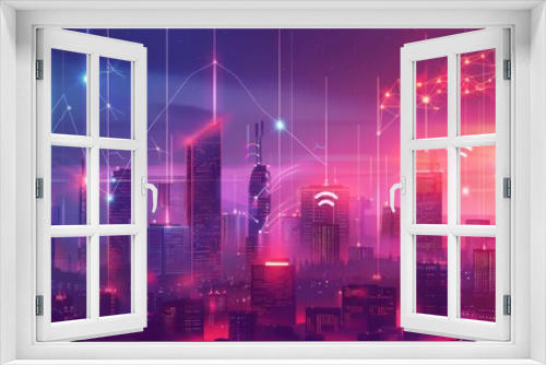 Futuristic cityscape with neon lights, digital data, and technological connections representing modern innovation and smart infrastructure.