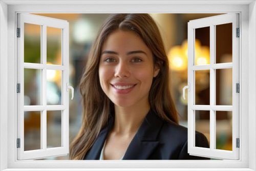 A Concierge female wearing professional attire, standing in front of a hotel lobby, smiling and looking into the camera