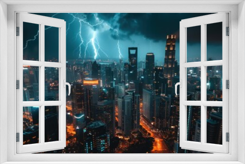photo of lightning against the backdrop of a large modern city with tall buildings.