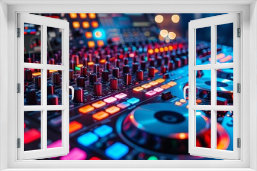This image captures a professional DJ mixing board with glowing red and blue lights, knobs, and sliders as a centerpiece
