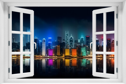Panoramic night view of the modern city. Vector illustration.