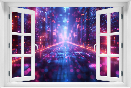 Vertical AI illustration of an abstract background featuring blue and purple lights, creating an illusion of floating in space surrounded by glowing cubes. Designed to showcase futuristic technology 