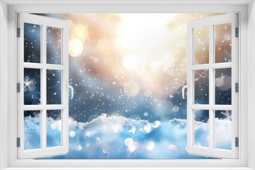 With snowdrifts, with beautiful light and snow flakes on the blue sky in the evening, banner format, copy space.