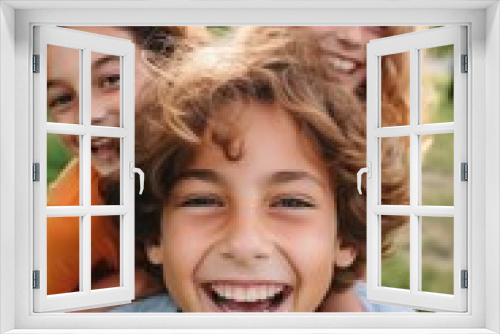 A group of young children standing in a line, smiling and looking up at something