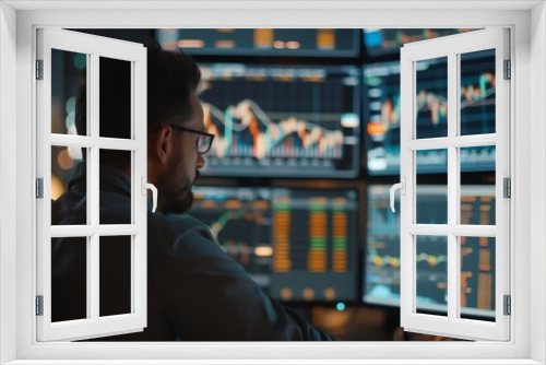 Stock trader analyzing multiple screens of financial data and stock market charts in a modern office setting.