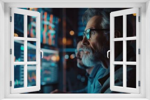 Focused senior financial analyst working late at night, analyzing stock market data on multiple computer screens.