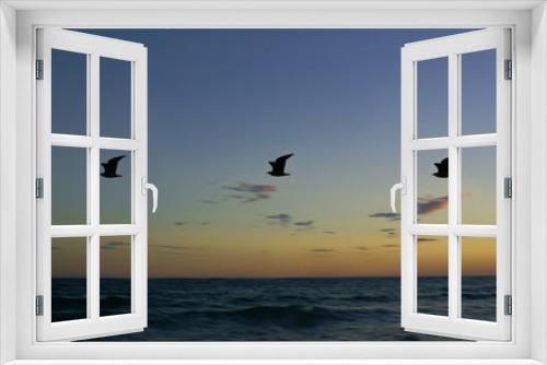 Fototapeta Naklejka Na Ścianę Okno 3D - Birds flying over water at sunset