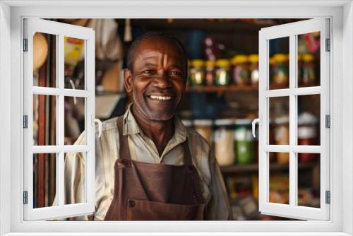 A man with glasses is smiling and standing in front of a counter. He is wearing an apron and he is a barista