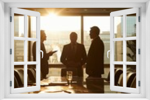 Silhouetted business professionals discussing a meeting in a modern office with a stunning city skyline background.