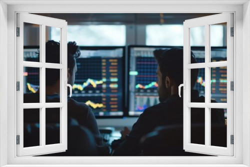 Two market analysts are observing the price movements of the stock market, forex, investment business, crypto prices, looking at prices to carry out buying and selling executions