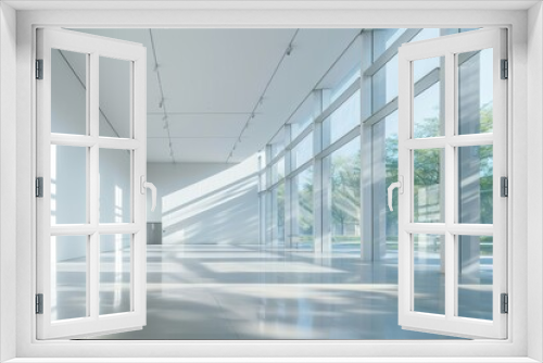 Empty room with expansive windows allowing natural light in, A sleek and minimalist museum with clean lines and large windows