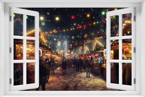 A bustling Christmas market with stalls selling festive goods, people drinking hot cocoa, and colorful lights strung above, creating a lively holiday atmosphere
