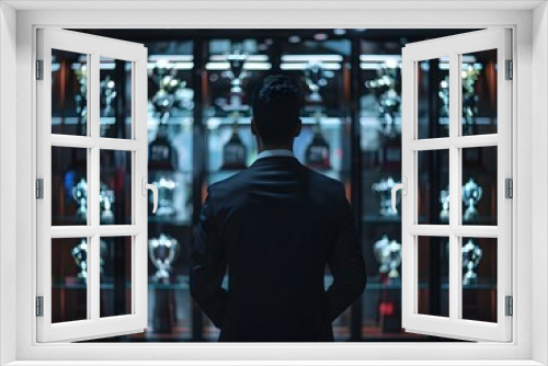 Businessman Standing Before Trophy Case Filled with Business Awards and Achievements
