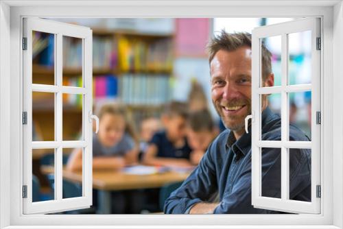 A man with a beard is smiling in front of a classroom