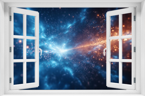 A dark blue and white background with light rays shining through the cracks of glass, creating an abstract design that suggests motion or speed. In front there is a blurred futuristic space scene,