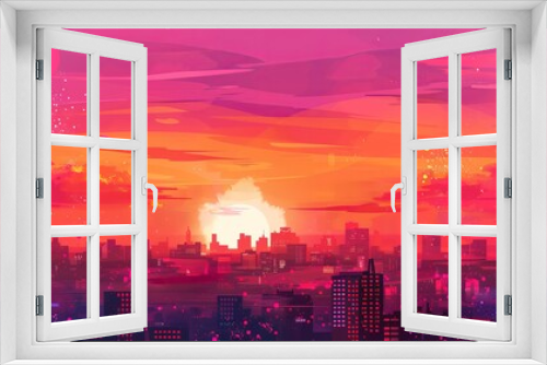 Vector illustration of a cityscape under a pink sunset sky