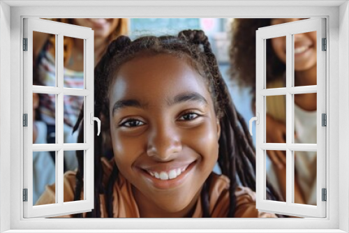 A joyful young girl with braided hair smiling at the camera surrounded by her friends.