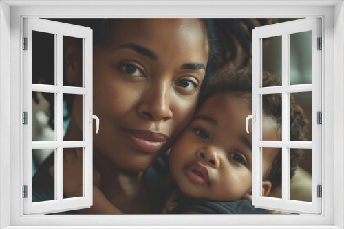  An African American woman in her 30s holding an African American child. 