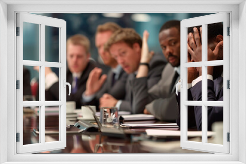 A diverse group of business people in a stressful meeting. The scene is intense and serious