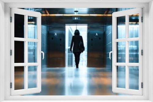 Business Person Walking to Elevator in Corporate Building with Blurred Office Background and Indoor Lighting