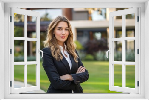 Portrait of a confident young businesswoman standing with folded arms in front of a suburban home, perfect for real estate and business themes.