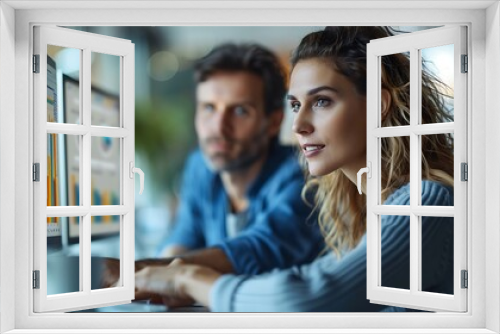 A photographic style of two financial analysts collaborating and discussing financial data at a desk, modern office setting, focused expressions, multiple charts and graphs on the desk, bright dayligh