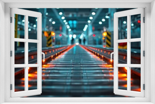 Brightly lit rail tracks extend into the distance inside a futuristic indoor station, symbolizing journey, direction, and the technological progression of transportation.