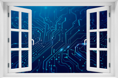 Abstract digital background with circuit line elements in technology blue. Circuit board vector illustration. Tech network bg. Futuristic technology background. AI chip and Electronics concept.