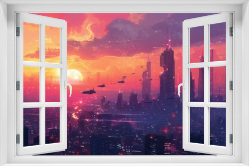 A futuristic cityscape at sunset, with tall skyscrapers and flying cars, illustration background