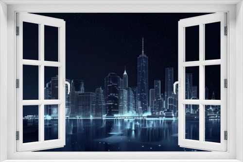 Digital rendering of a futuristic city skyline illuminated at night, featuring tall skyscrapers and reflections in the water.