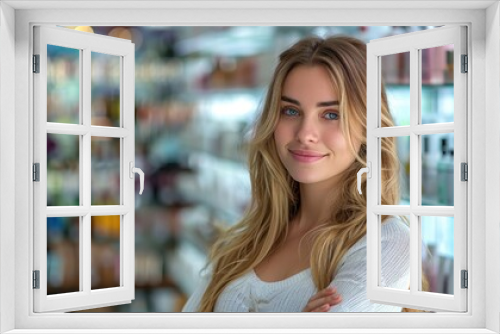 A blonde woman with long hair and a radiant smile stands in the beauty product aisle of a store, surrounded by shelves of cosmetics, conveying joy and charm.