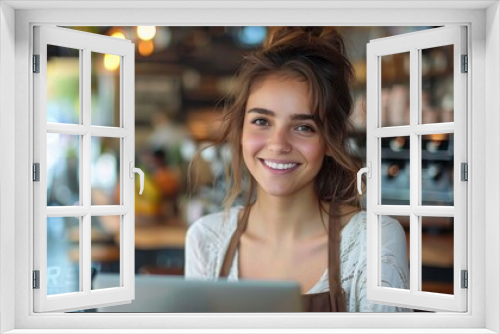 A friendly barista with a beaming smile is seen working behind the counter of a cozy coffee shop. The warm lighting and décor create a welcoming and comfortable ambiance.