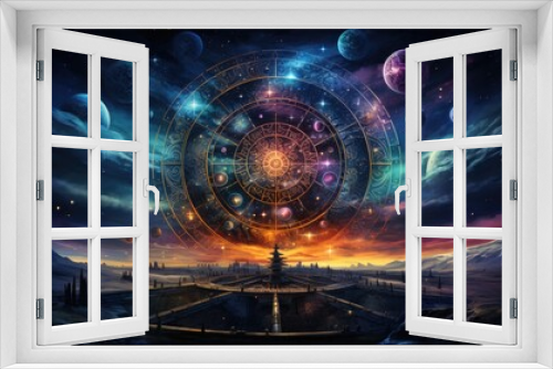 Celestial Zodiac: Vibrant Digital Illustration of Zodiac Wheel Surrounded by Stars and Nebulae