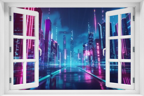 Futuristic Neon Cityscape with Reflective Streets, Generative AI