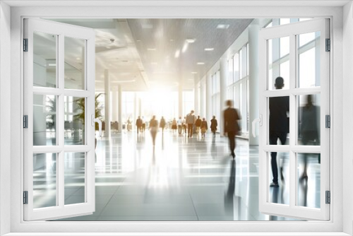 Blurred background of a spacious office interior with white walls and subtle silhouettes of people, emphasizing a serene and professional work environment