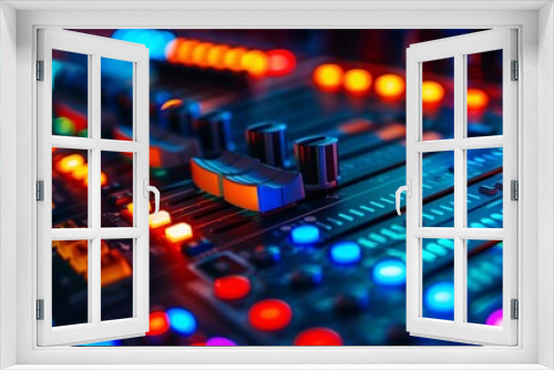 An advanced equalizer panel with colorful faders and illuminated buttons, photographed in high detail.