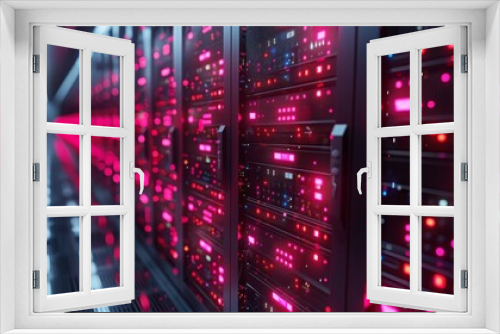 A server room filled with black racks, all illuminated by vibrant pink LED lights, creating a modern and futuristic ambiance indicative of advanced technology.