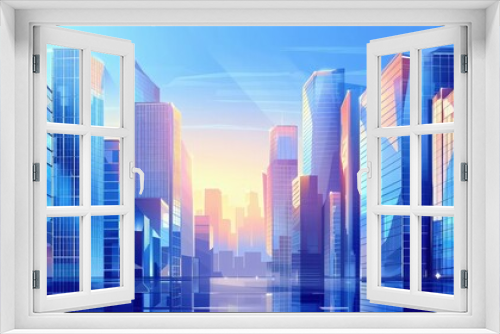 A sleek vector illustration of a modern cityscape with glass skyscrapers reflecting the early morning sky, symbolizing growth and corporate success.