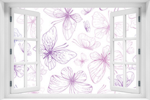 Fototapeta Naklejka Na Ścianę Okno 3D - Butterflies are pink, blue, lilac, flying, delicate line art, clip art. Graphic illustration hand drawn in pink, lilac ink. Seamless pattern EPS vector.