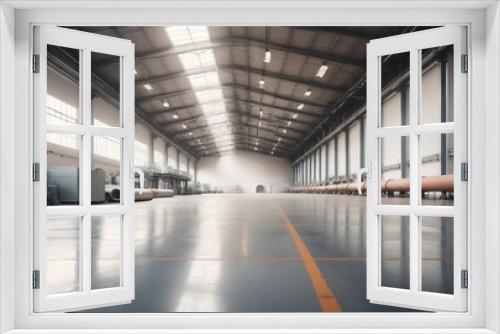 A wide shot of an empty factory hall with industrial air flow pipes and modern equipment	
