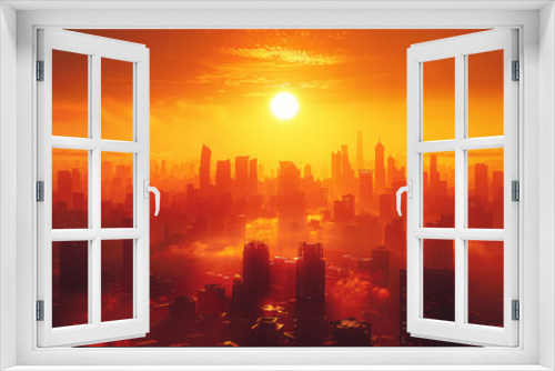 Futuristic Sunset Over City Skyline, Urban Heat, Climate Change, Global Warming, Summer Haze, Bright Sun, High Temperature, Environmental Impact