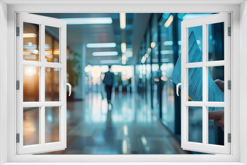 A person holding a set of documents stands in a brightly lit hallway of a modern office, suggesting readiness for a meeting or professional engagement.