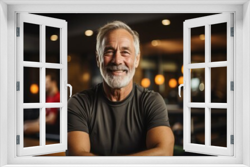 A man with a big smile on his face is posing for a picture. He is wearing a grey shirt and he is happy