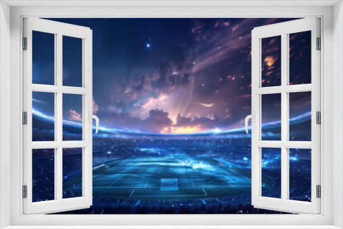 A virtual football stadium glows under the night sky.