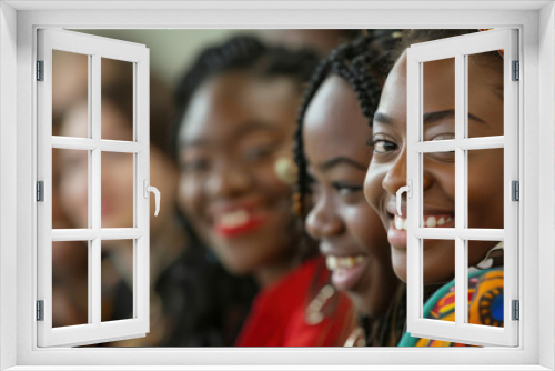 Smiling women in traditional clothing at a community event, showcasing cultural diversity and joy in a vibrant setting.